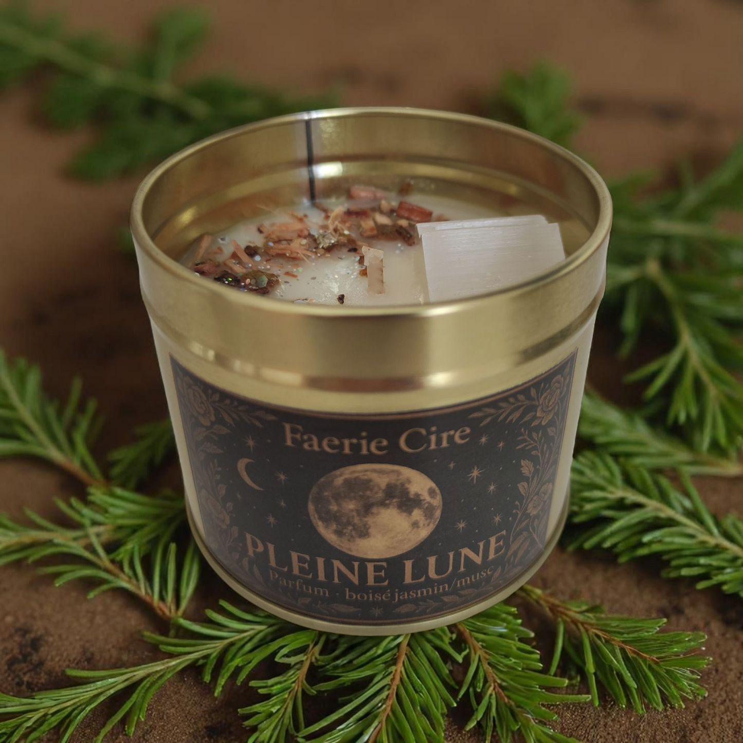 Bougie rituelle pleine lune intuition • sélénite & saule • parfum boisé jasmin musc