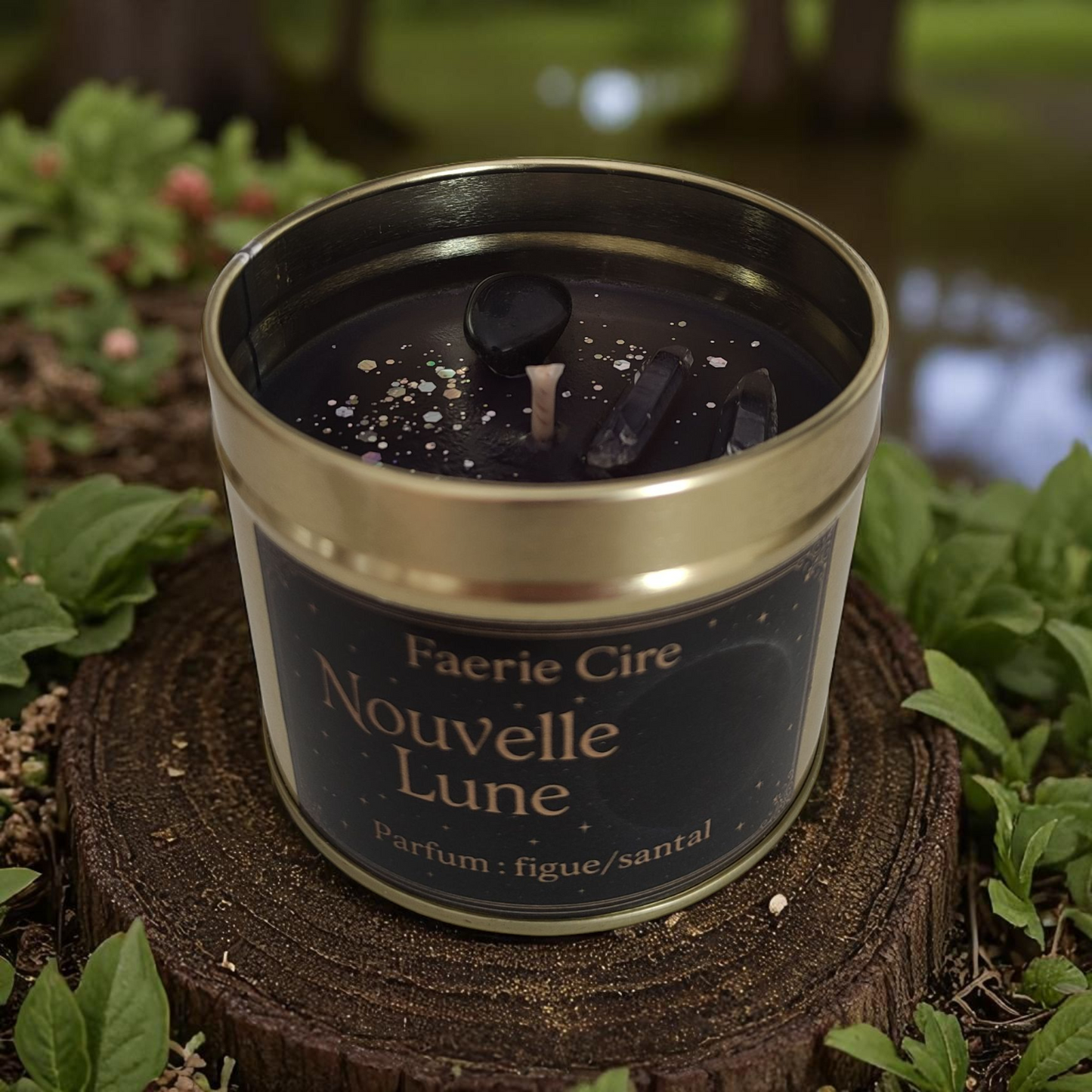 Bougie rituel nouvelle lune – intuition & ancrage – obsidienne quartz – cire soja parfum figue/santal – sorcière ésotérique lithothérapie